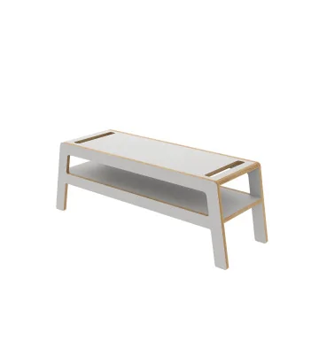 gray wooden bench FLEX Soft by NUKI with shelf and space for a soft blanket